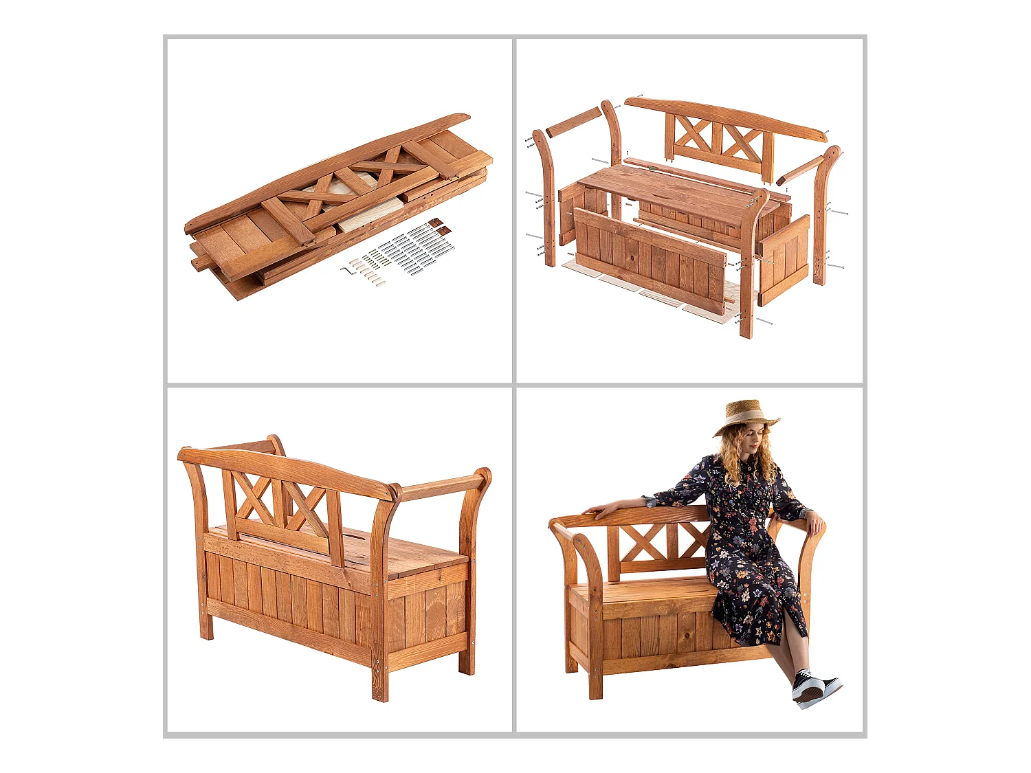 KADAX Ławka ogrodowa ze skrzynią Rosay złoty dąb