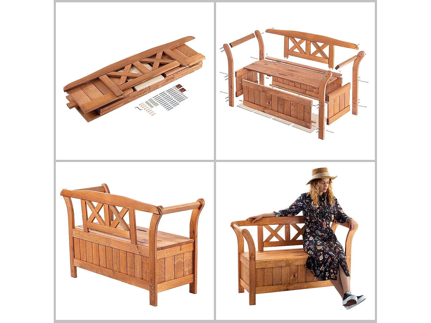 KADAX Ławka ogrodowa ze skrzynią Rosay złoty dąb