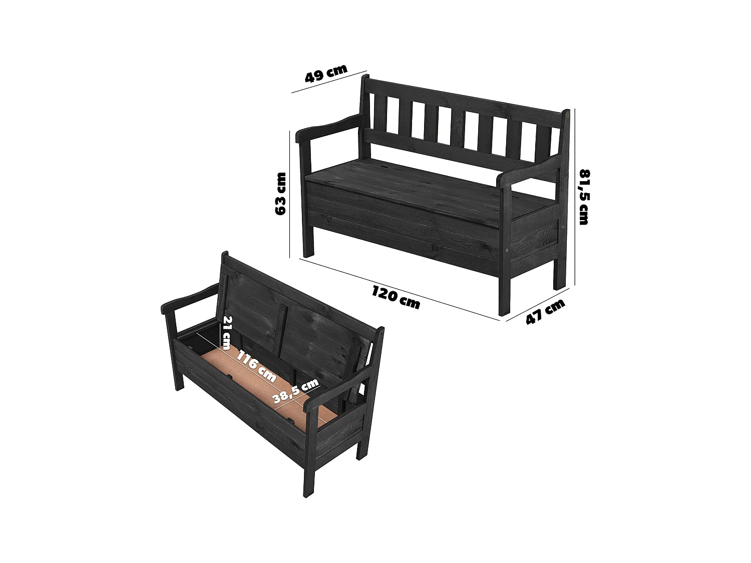 KADAX Tuinbank, 120 x 47 x 81,5 cm, bank van een vezelplaat, zitbank met opbergruimte en rugleuning, weerbestendige houten bank voor tuin, balkon, 120 cm, antraciet