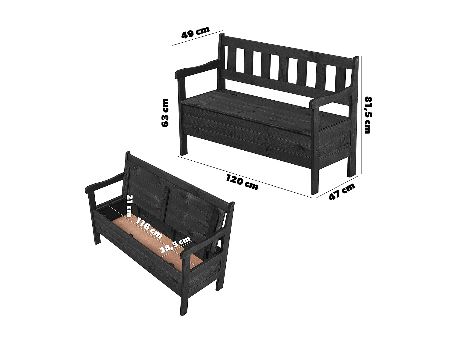 Banc de jardin KADAX, 120 x 47 x 81,5 cm, banc en panneaux de fibres, banc avec espace de rangement et dossier, banc en bois résistant aux intempéries pour jardin,