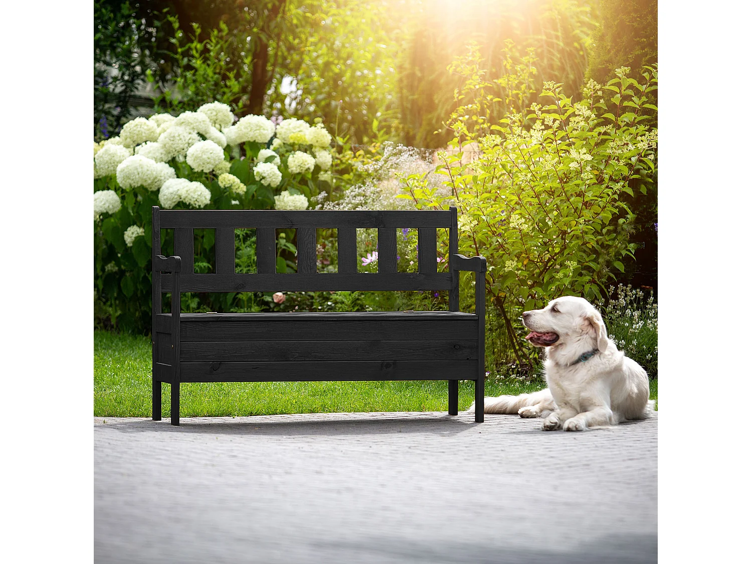 Banc de jardin KADAX, 120 x 47 x 81,5 cm, banc en panneaux de fibres, banc avec espace de rangement et dossier, banc en bois résistant aux intempéries pour jardin,