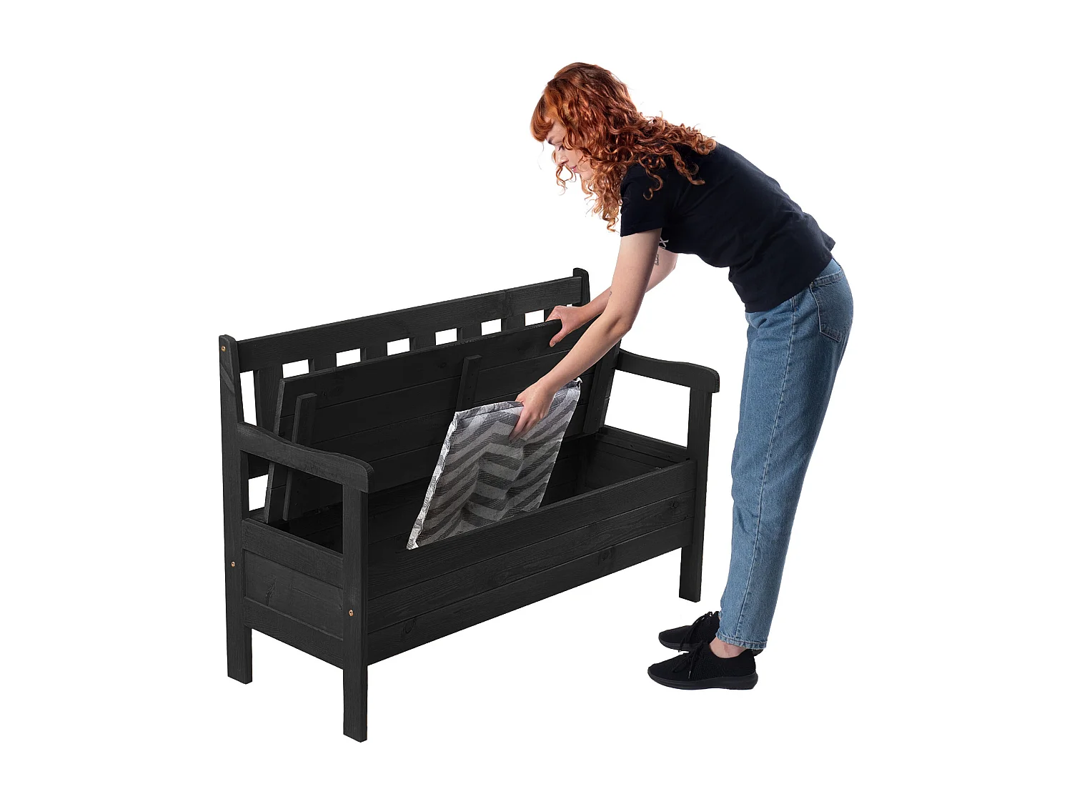 Banc de jardin KADAX, 120 x 47 x 81,5 cm, banc en panneaux de fibres, banc avec espace de rangement et dossier, banc en bois résistant aux intempéries pour jardin,