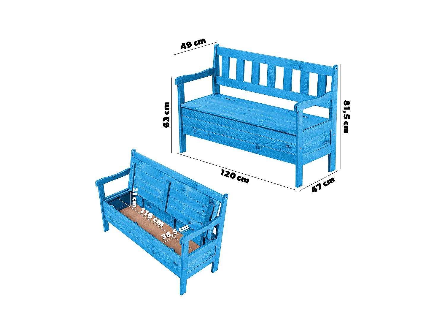 KADAX Tuinbank, 120 x 47 x 81,5 cm, bank van een vezelplaat, zitbank met opbergruimte en rugleuning, weerbestendige houten bank voor tuin, balkon, 120 cm, blauw