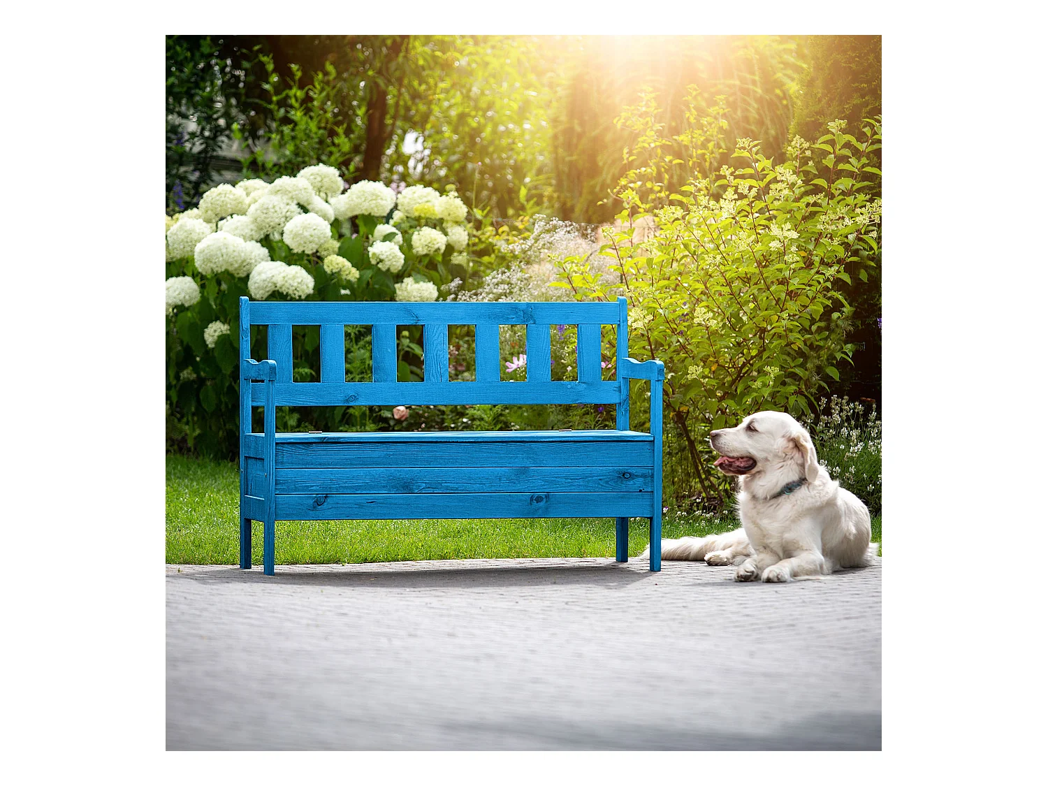 KADAX Tuinbank, 120 x 47 x 81,5 cm, bank van een vezelplaat, zitbank met opbergruimte en rugleuning, weerbestendige houten bank voor tuin, balkon, 120 cm, blauw