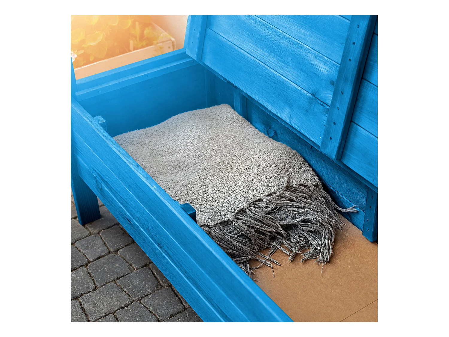 KADAX Tuinbank, 120 x 47 x 81,5 cm, bank van een vezelplaat, zitbank met opbergruimte en rugleuning, weerbestendige houten bank voor tuin, balkon, 120 cm, blauw