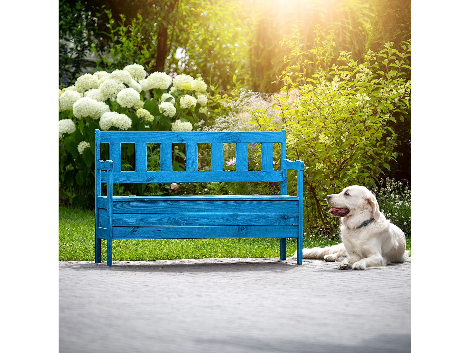 Banc de jardin KADAX, 120 x 47 x 81,5 cm, banc en panneaux de fibres, banc avec espace de rangement et dossier, banc en bois résistant aux intempéries pour jardin,