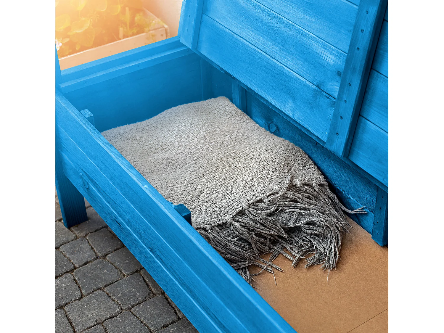 Banc de jardin KADAX, 120 x 47 x 81,5 cm, banc en panneaux de fibres, banc avec espace de rangement et dossier, banc en bois résistant aux intempéries pour jardin,