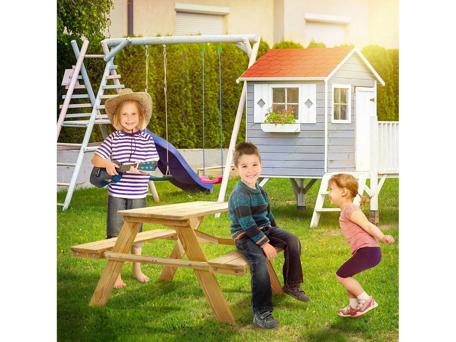 KADAX Table de pique-nique pour enfants avec bancs, mobilier pour enfants pour pique-nique, table pour enfants en bois, ensemble de pique-nique pour le jardin,