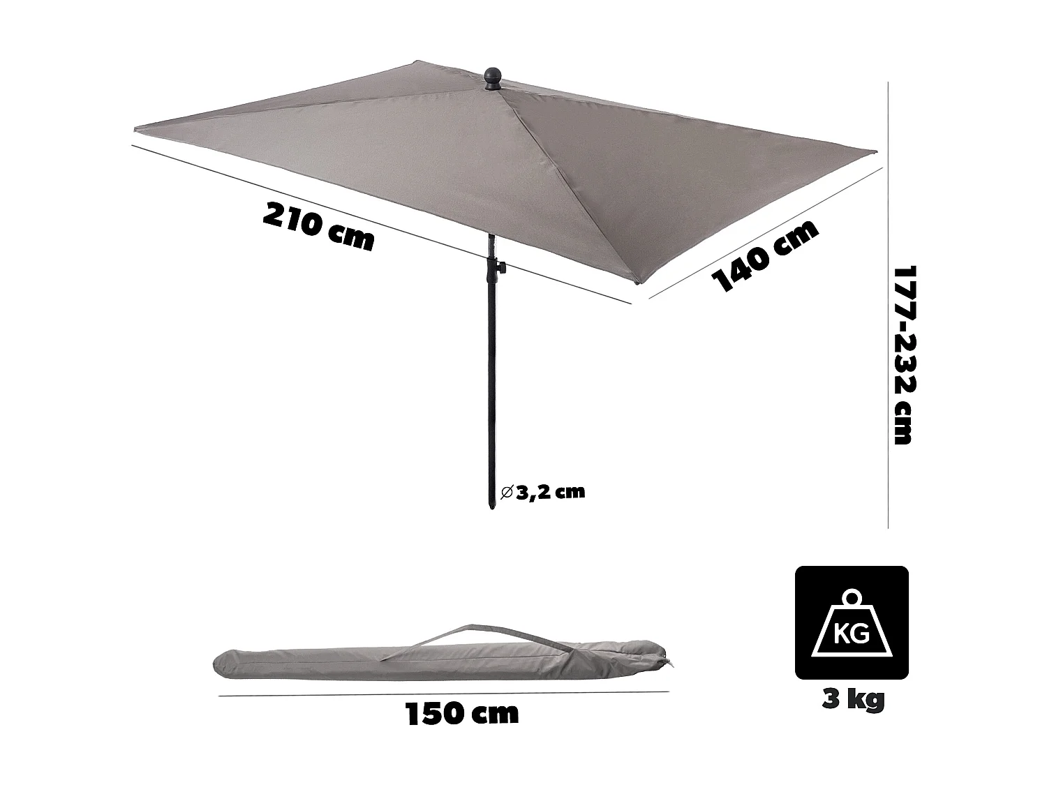 Sombrilla de balcón rectangular KADAX, 210 x 140 cm, altura regulable para balcón y terraza, sombrilla de terraza plegable con bolsa de transporte, color topo, 210