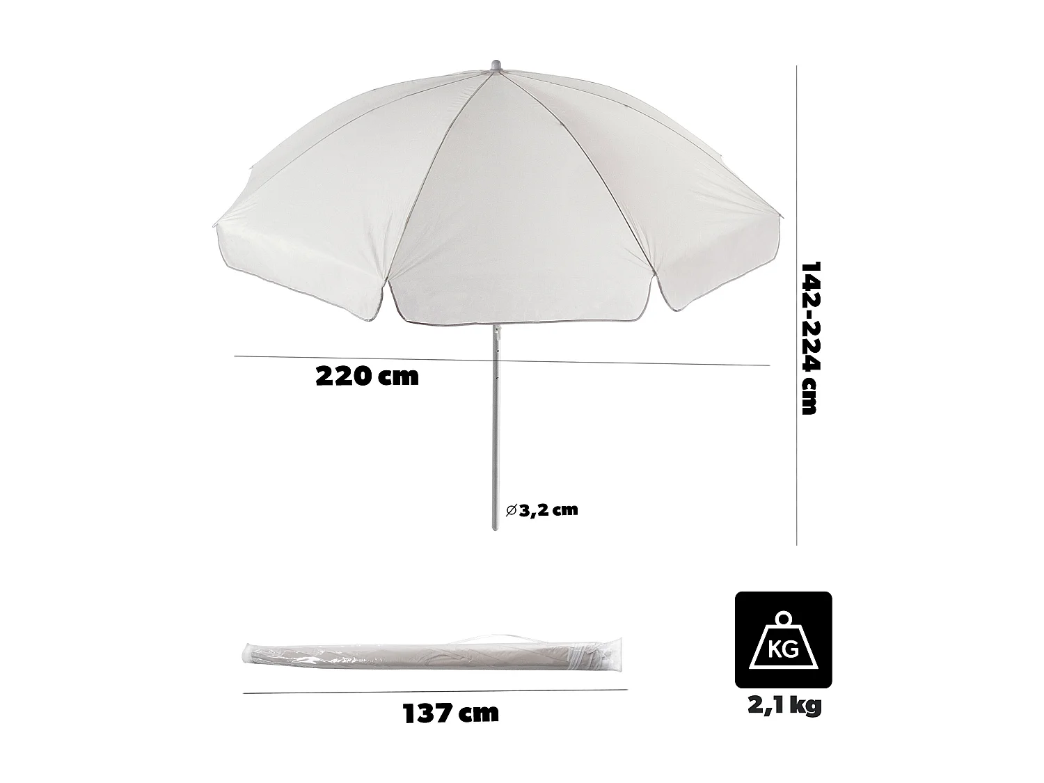 Parasol rond KADAX, 220 x 142-224 cm, parasol de terrasse, brise-vue, parasol réglable en hauteur pour balcon, jardin, terrasse, piscine et plage, écru