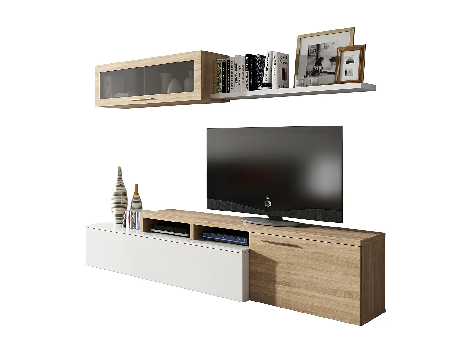 Parete Attrezzata Soggiorno Moderna Salotto con Mobile TV Modulo Sospeso Con Anta in Vetro Fumé E Mensola Stile Scandinavo Moderno 200 x 43 x 41 Cm Bianco e Rovere