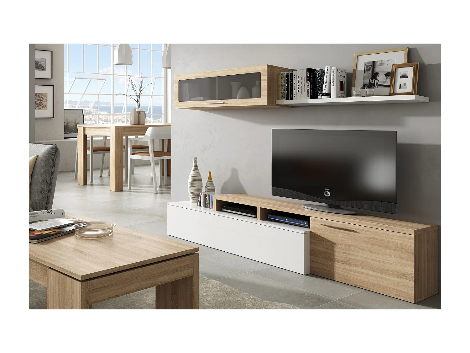 Parete Attrezzata Soggiorno Moderna Salotto con Mobile TV Modulo Sospeso Con Anta in Vetro Fumé E Mensola Stile Scandinavo Moderno 200 x 43 x 41 Cm Bianco e Rovere