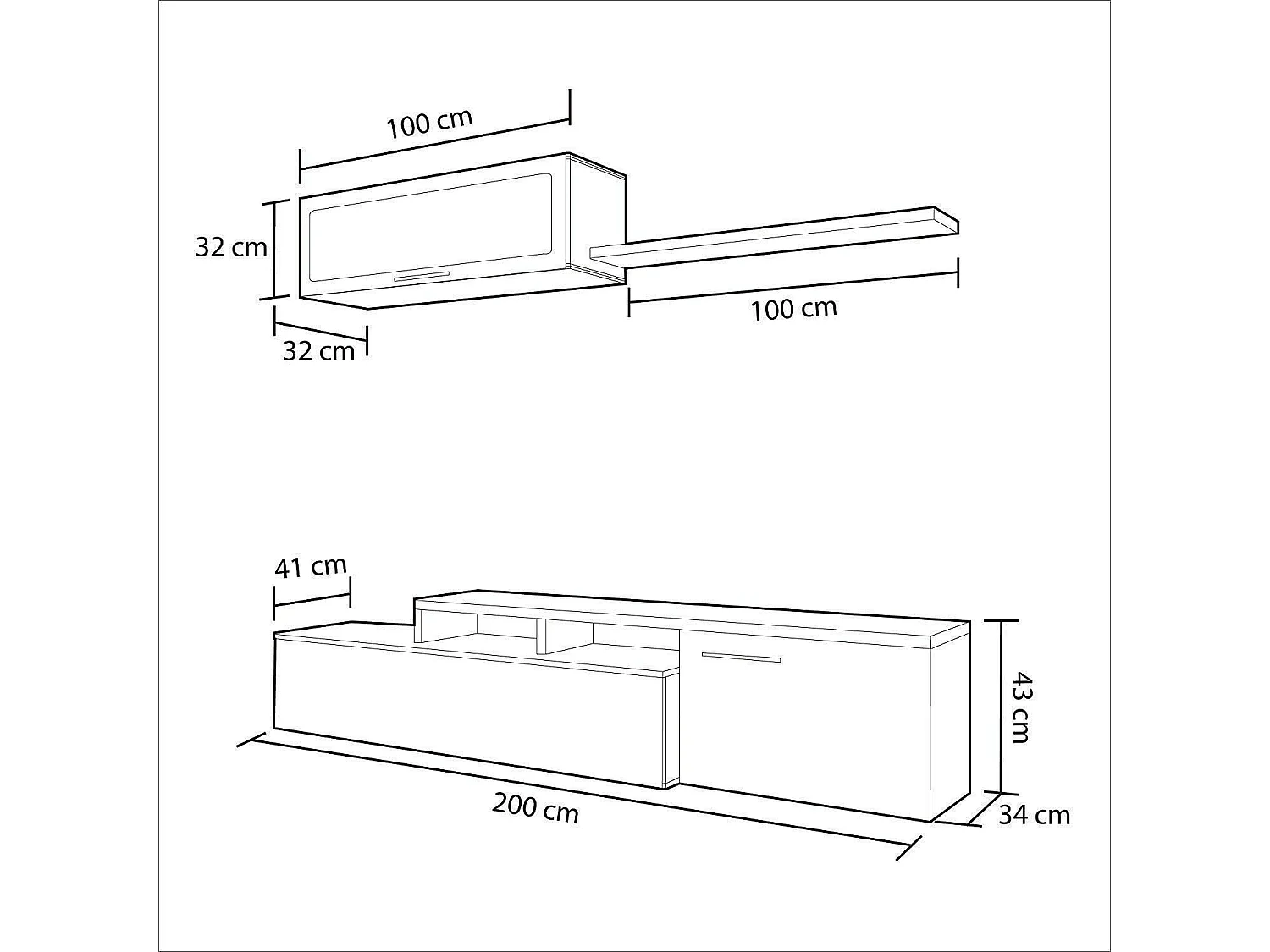 Parete Attrezzata Soggiorno Moderna Salotto con Mobile TV Modulo Sospeso Con Anta in Vetro Fumé E Mensola Stile Scandinavo Moderno 200 x 43 x 41 Cm Bianco e Rovere