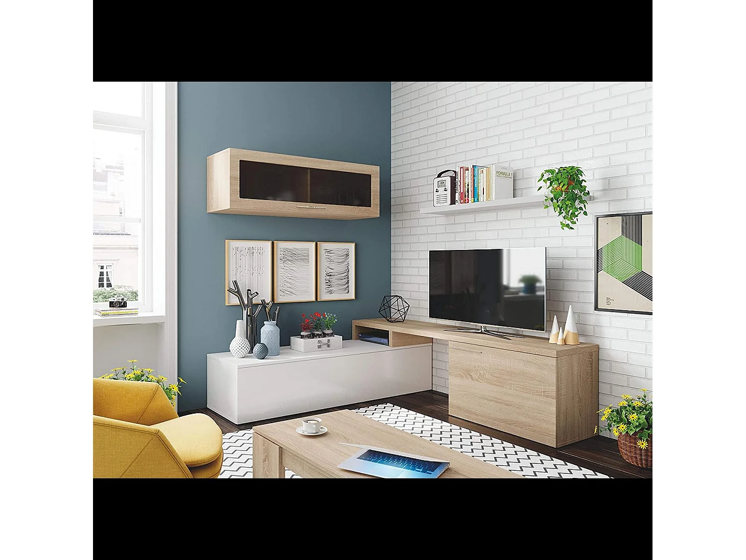 Parete Attrezzata Soggiorno Moderna Salotto con Mobile TV Modulo Sospeso Con Anta in Vetro Fumé E Mensola Stile Scandinavo Moderno 200 x 43 x 41 Cm Bianco e Rovere