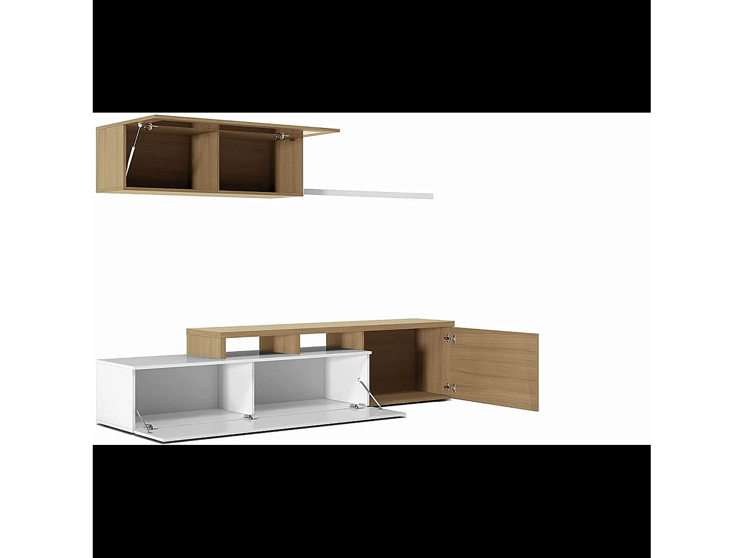 Parete Attrezzata Soggiorno Moderna Salotto con Mobile TV Modulo Sospeso Con Anta in Vetro Fumé E Mensola Stile Scandinavo Moderno 200 x 43 x 41 Cm Bianco e Rovere