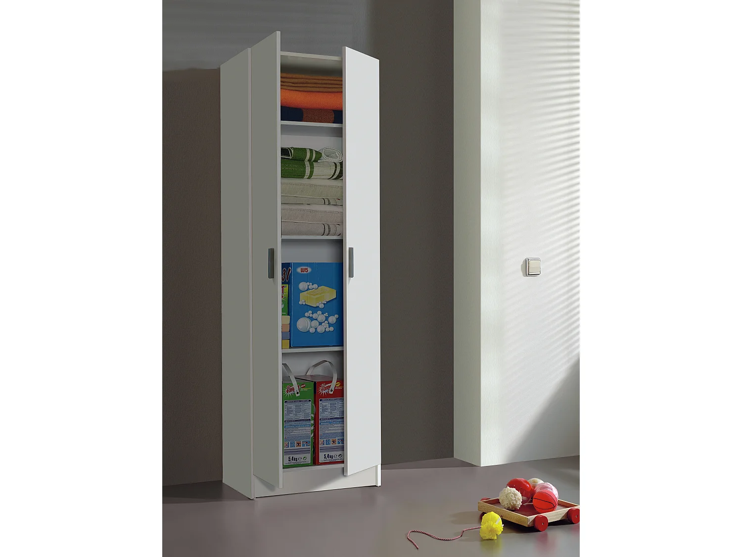 Armadio Armadietto Multiuso A Colonna 2 Ante Battenti E 4 Ripiani Cardinero Salvaspazio Ideale Per Cantina Camera Garage In Legno 58.5 x 180 x 38 Cm Bianco