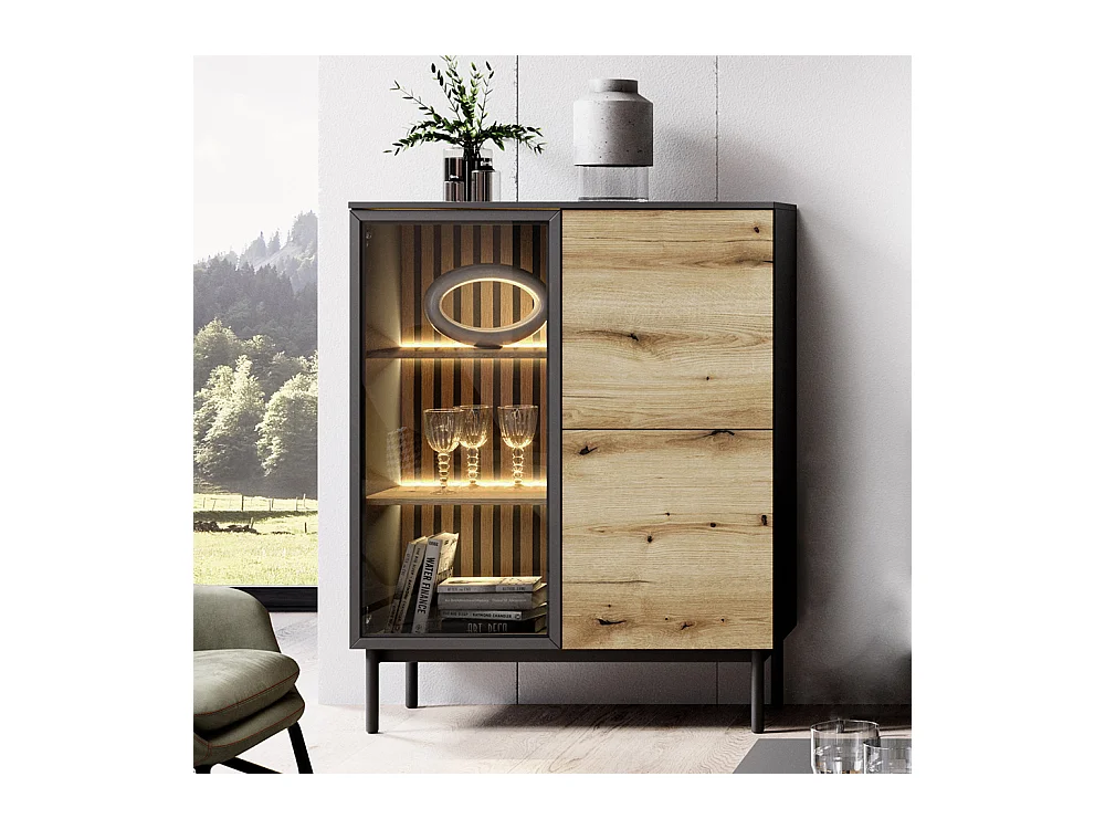 Vetrina 100x125cm con LED nera e rovere scuro VLK7
