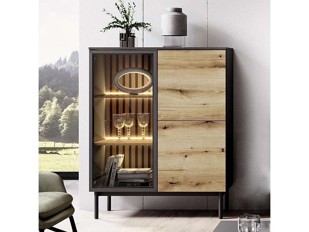 Vetrina 100x125cm con LED nera e rovere scuro VLK7