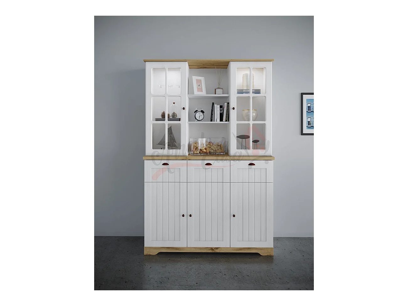 Vetrina espositiva linea classica per soggiorno con cassetti VI5 130x198 bianco e rovere
