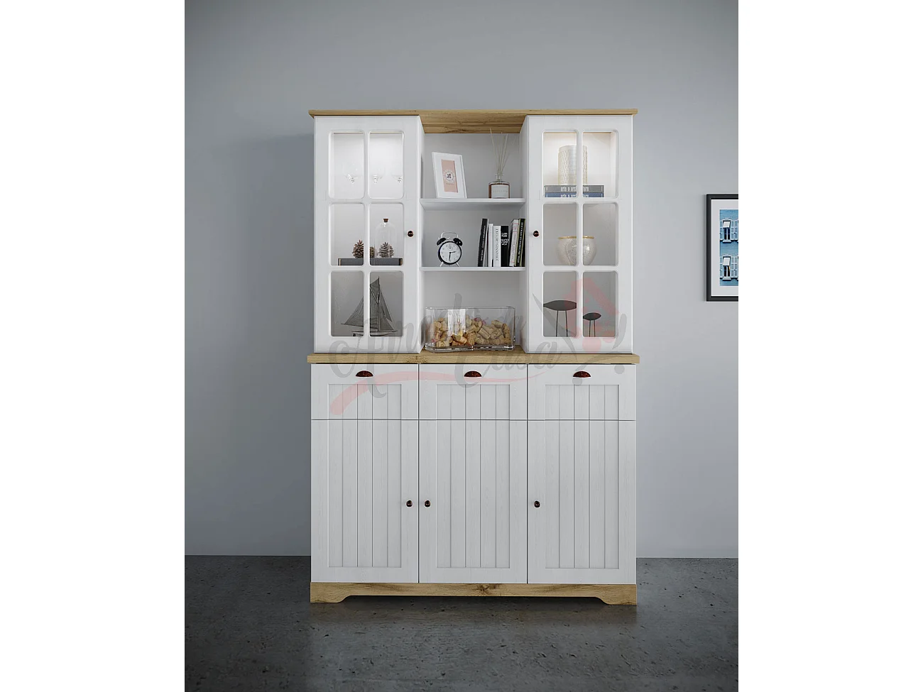 Vetrina espositiva linea classica per soggiorno con cassetti VI5 130x198 bianco e rovere