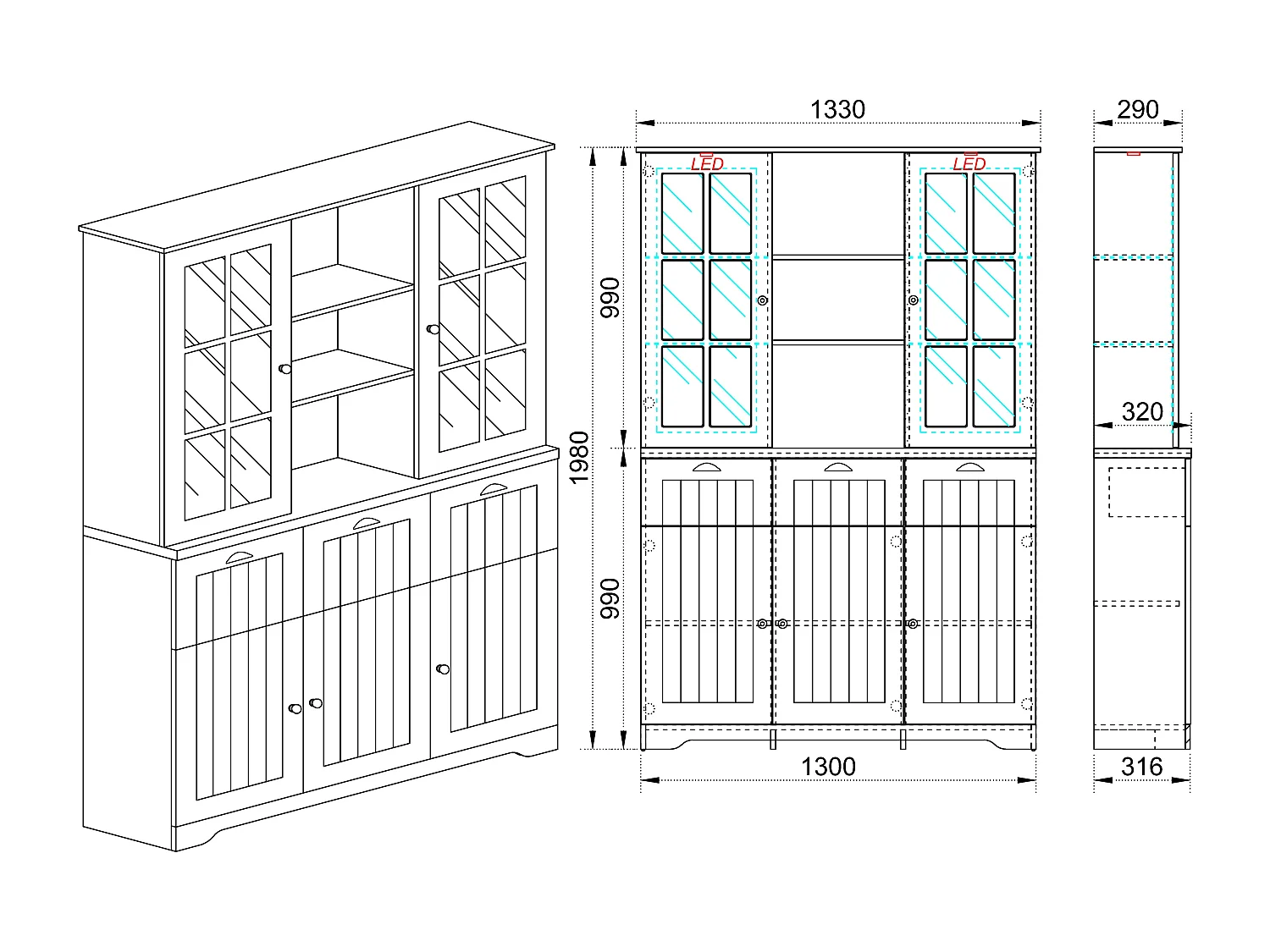 Vetrina espositiva linea classica per soggiorno con cassetti VI5 130x198 bianco e rovere