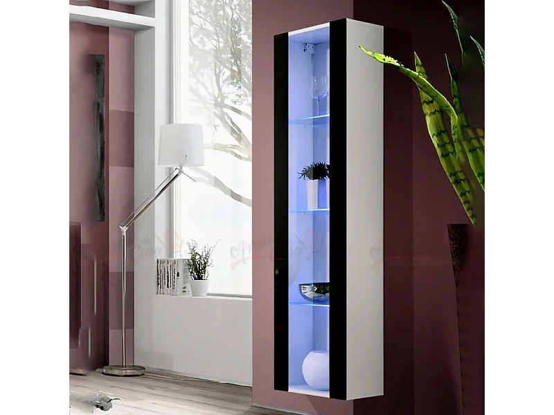 Vetrinetta sospesa moderna da sala con illuminazione a LED VP9 40x170 bianco e nero lucido