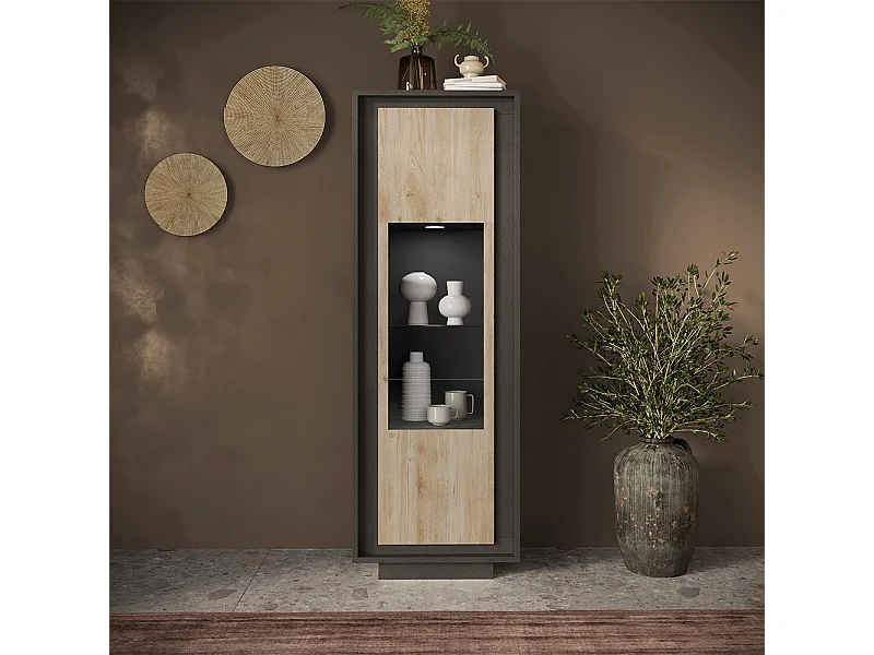 Vetrina moderna per soggiorno 67x197 cm con LED grafite e rovere chiaro VL10