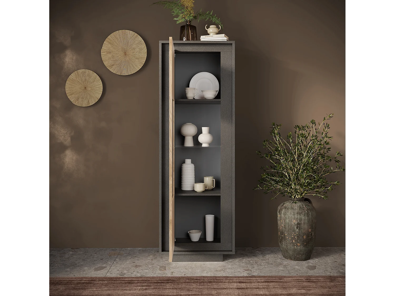 Vetrina moderna per soggiorno 67x197 cm con LED grafite e rovere chiaro VL10