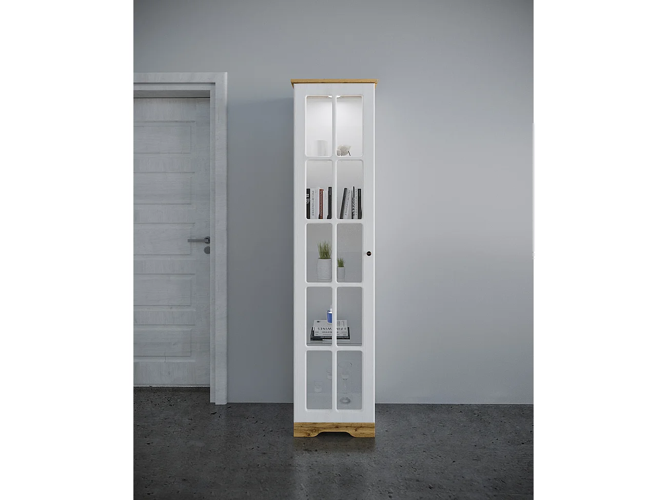 Vetrina a colonna da soggiorno design moderno VI6 48x198 bianco e rovere