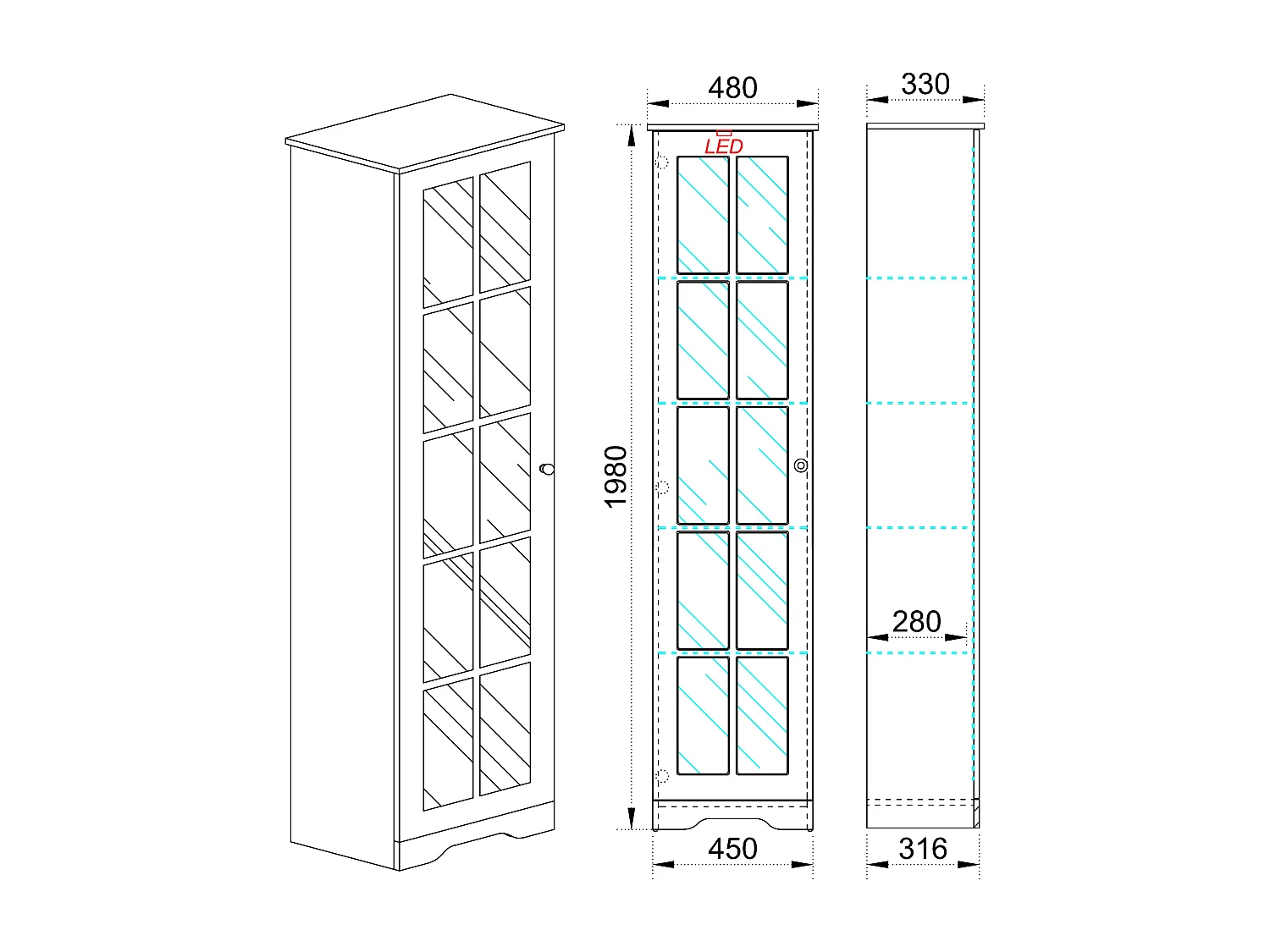 Vetrina a colonna da soggiorno design moderno VI6 48x198 bianco e rovere
