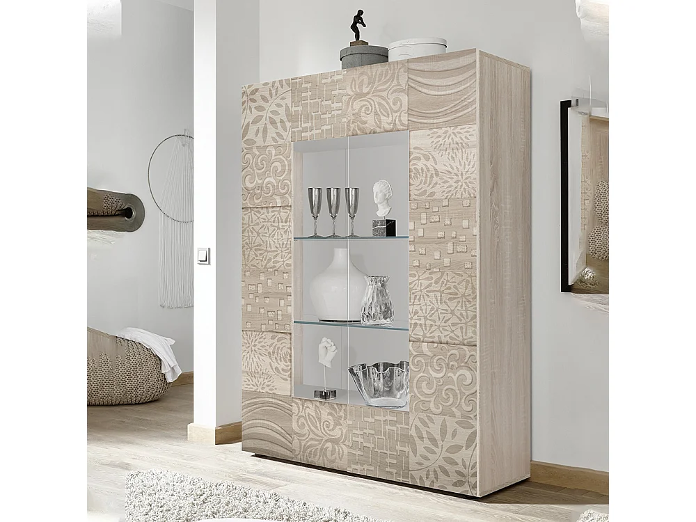 Vetrina grande a due ante con centrale vetrato design geometrico serigrafato 121x166 VL7 rovere samoa