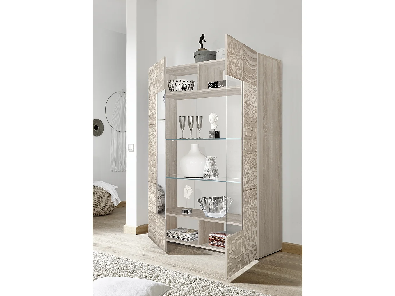 Vetrina grande a due ante con centrale vetrato design geometrico serigrafato 121x166 VL7 rovere samoa