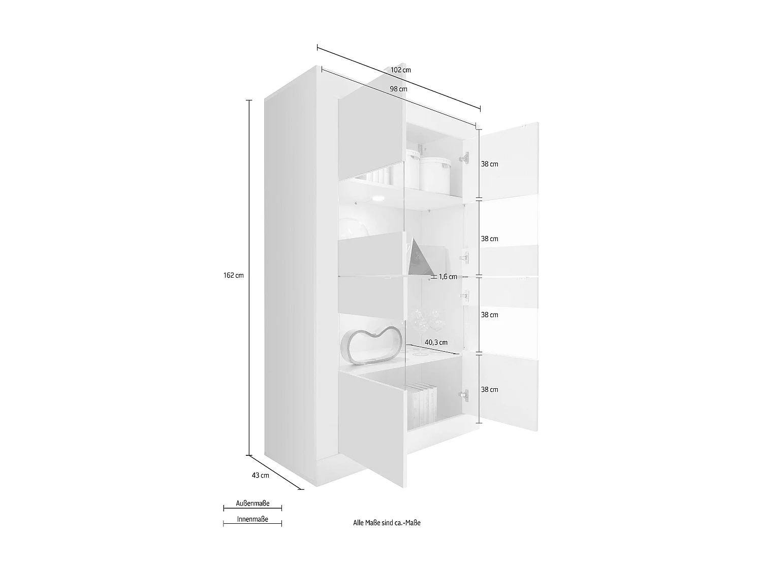 Vetrina a doppia colonna con quattro ante design moderno 102x162 VL1 bianco e pero