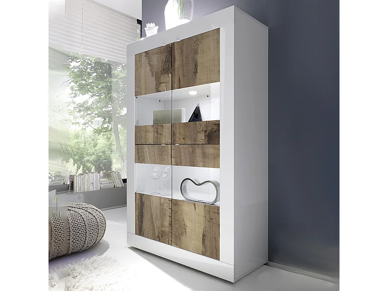 Vetrina a doppia colonna con quattro ante design moderno 102x162 VL1 bianco e pero