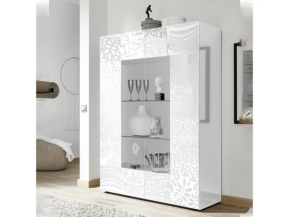 Vetrina grande a due ante con centrale vetrato design geometrico serigrafato 121x166 VL7 bianco lucido