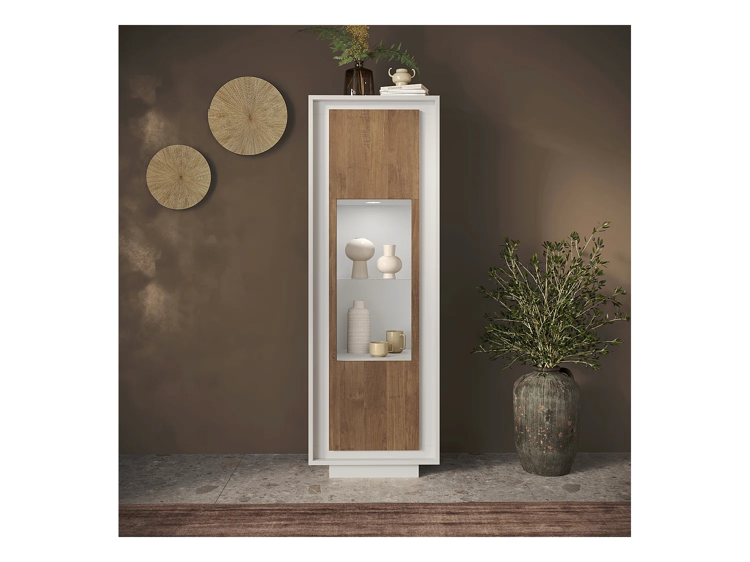 Vetrina moderna per soggiorno 67x197 cm con LED bianco opaco e rovere scuro VL10