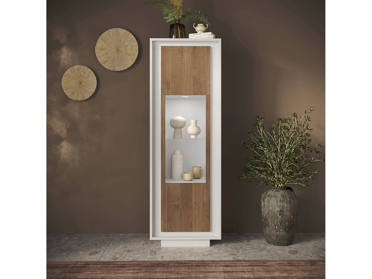 Vetrina moderna per soggiorno 67x197 cm con LED bianco opaco e rovere scuro VL10