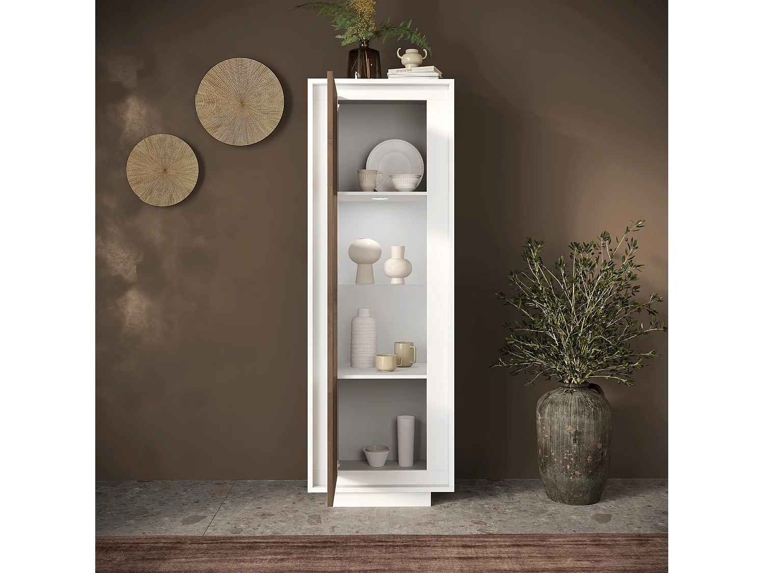 Vetrina moderna per soggiorno 67x197 cm con LED bianco opaco e rovere scuro VL10