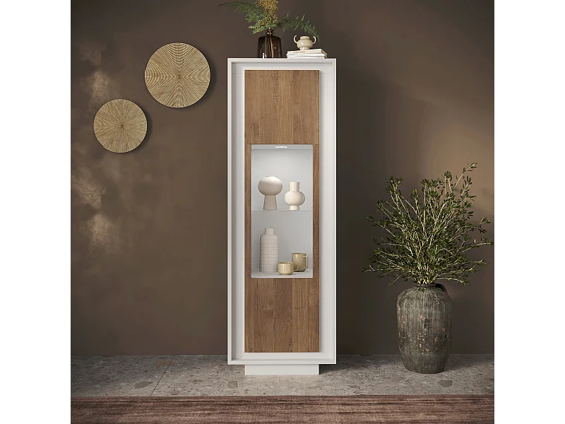 Vetrina moderna per soggiorno 67x197 cm con LED bianco opaco e rovere scuro VL10