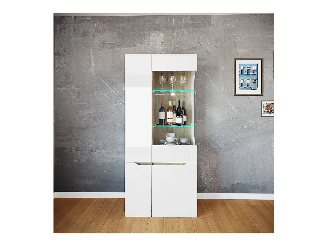Vetrinetta moderna da soggiorno con quattro ante VI4 80x180 bianco lucido