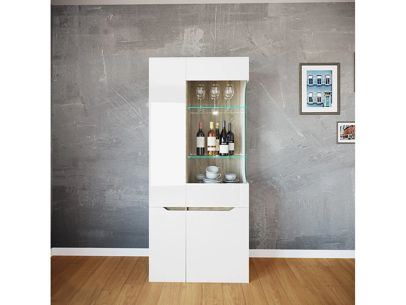 Vetrinetta moderna da soggiorno con quattro ante VI4 80x180 bianco lucido