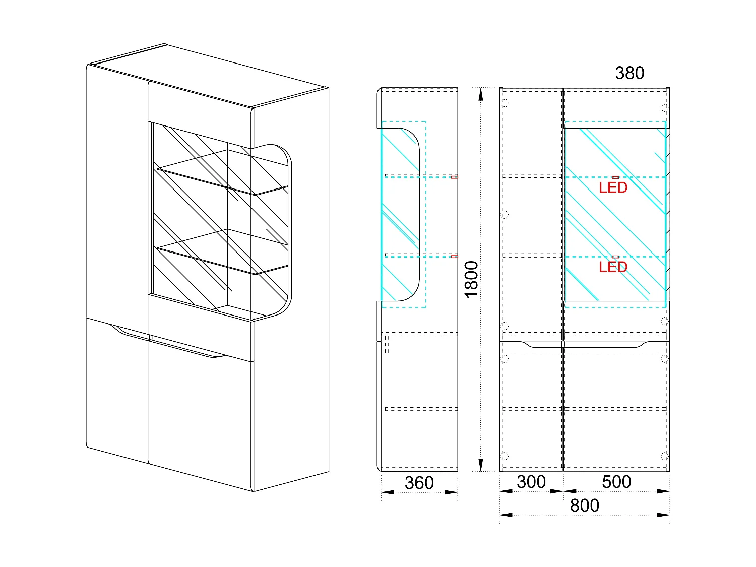 Vetrinetta moderna da soggiorno con quattro ante VI4 80x180 bianco lucido