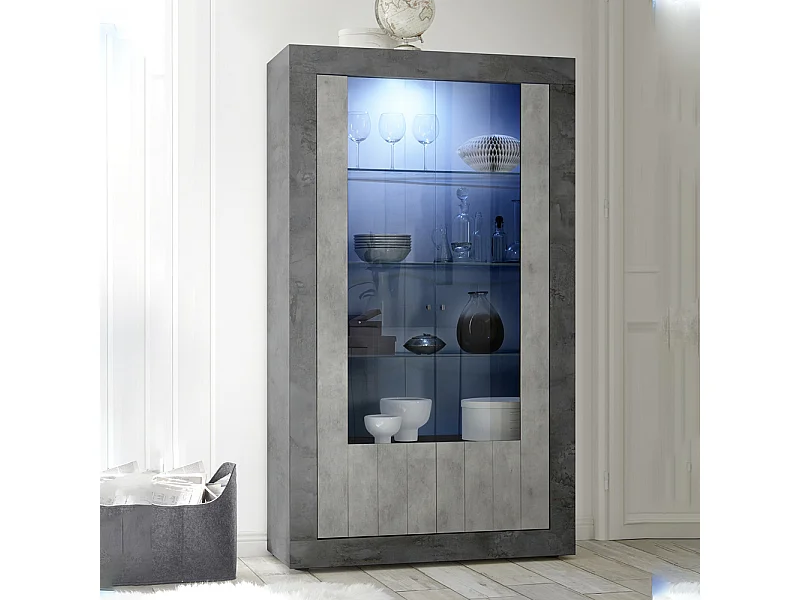 Vetrina alta a due ante e tre ripiani in vetro design moderno 110x191 VL8 ossido e cemento