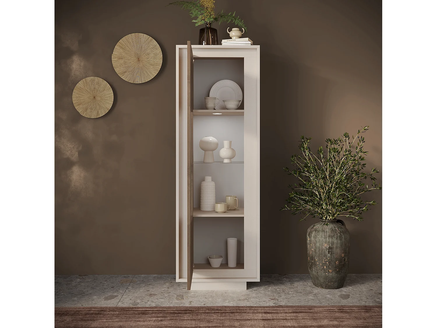 Vetrina moderna per soggiorno 67x197 cm con LED cashmere e rovere scuro VL10