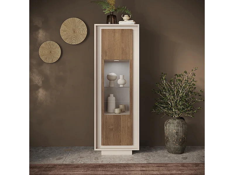 Vetrina moderna per soggiorno 67x197 cm con LED cashmere e rovere scuro VL10