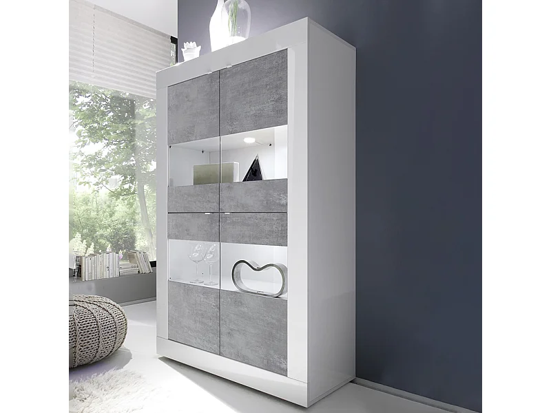 Vetrina a doppia colonna con quattro ante design moderno 102x162 VL1 bianco e cemento