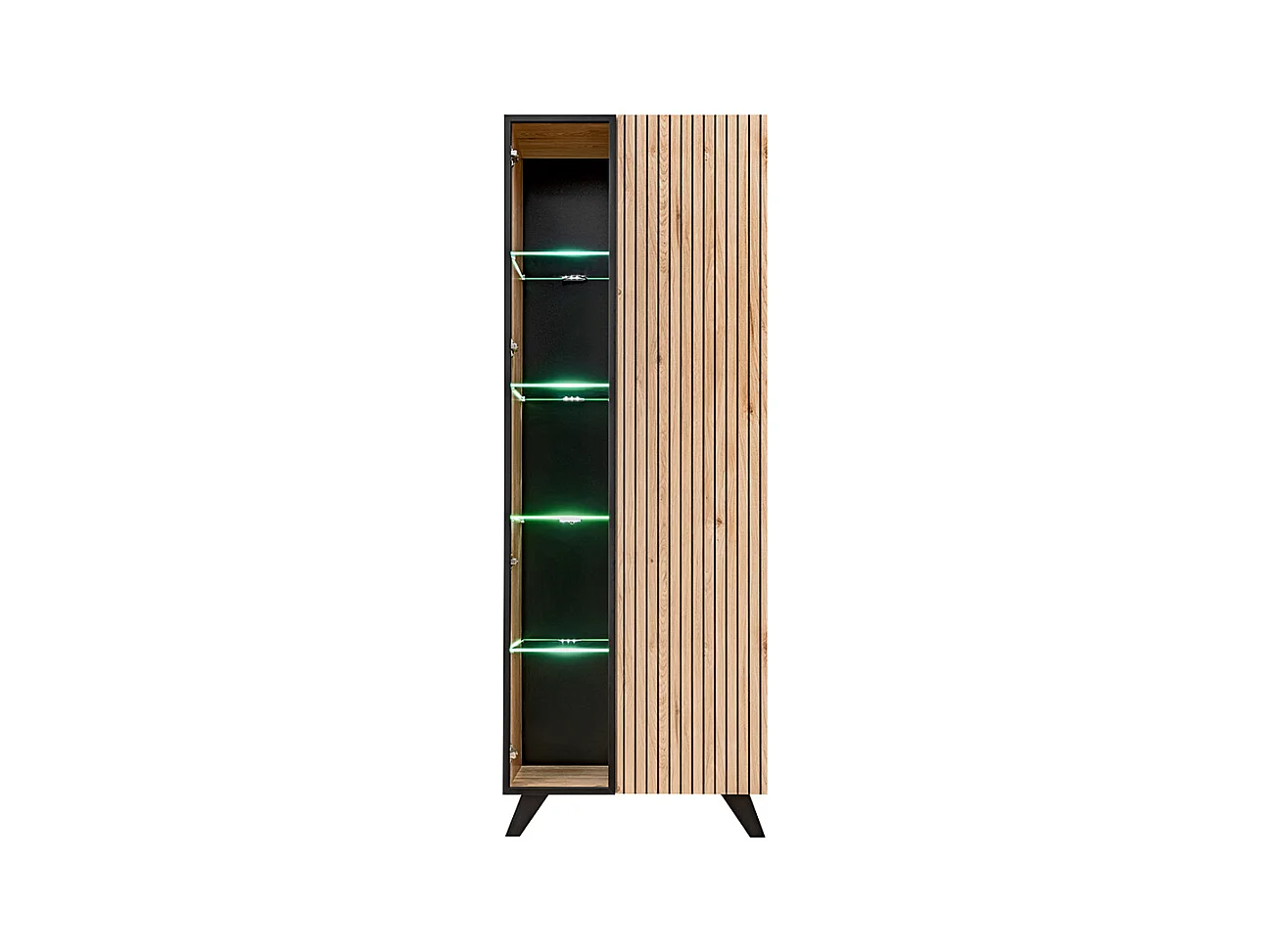 Vetrina alta moderna con luci LED 70x192 VP24 rovere e stampa a strisce nere