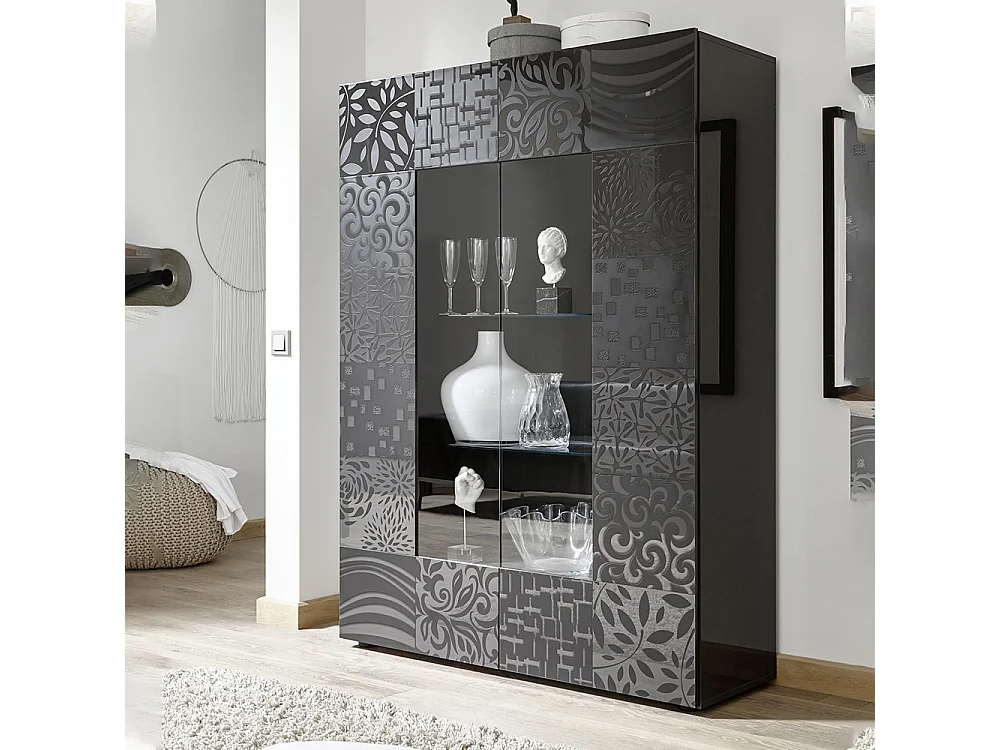 Vetrina grande a due ante con centrale vetrato design geometrico serigrafato 121x166 VL7 grigio lucido