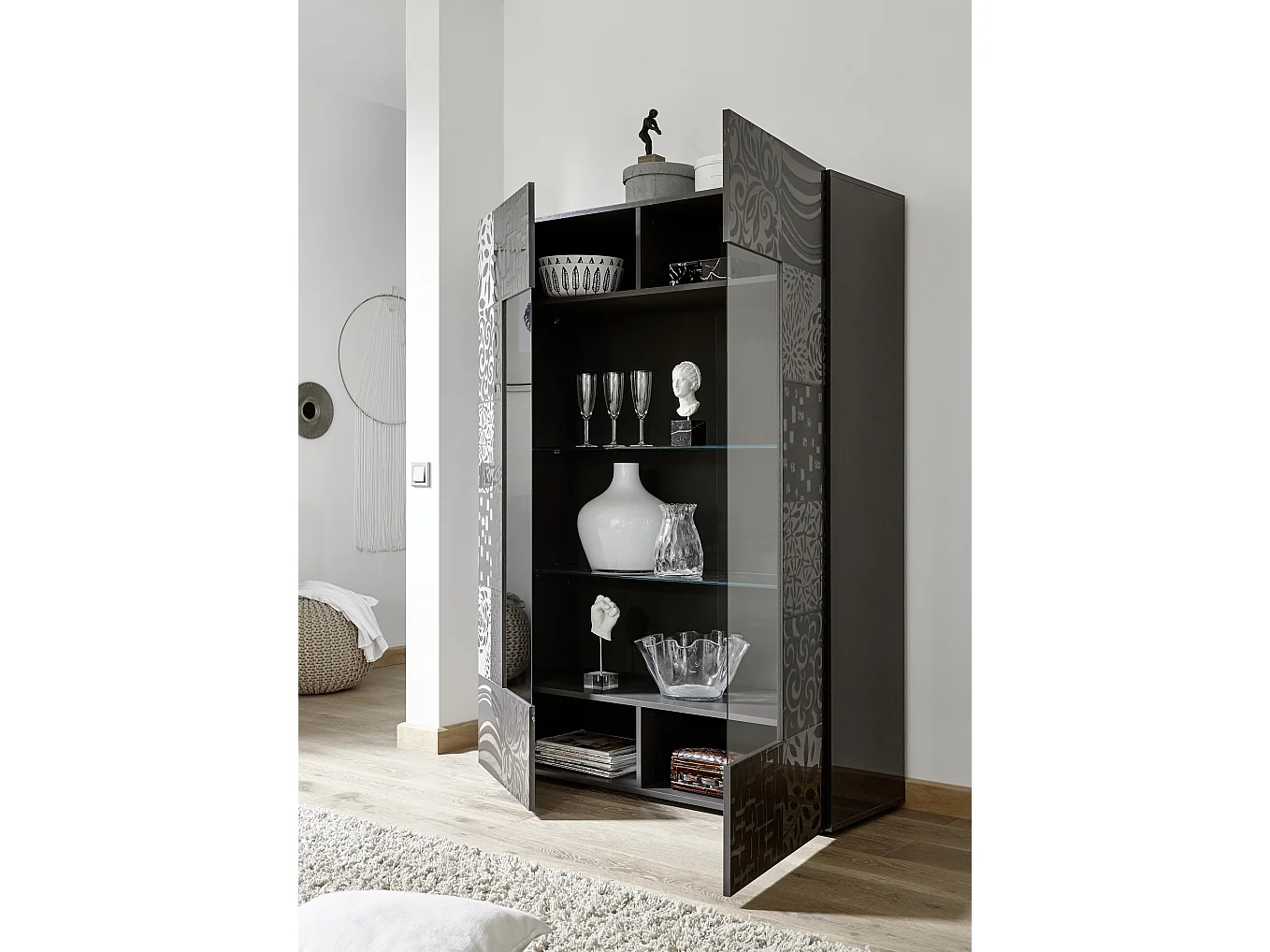 Vetrina grande a due ante con centrale vetrato design geometrico serigrafato 121x166 VL7 grigio lucido