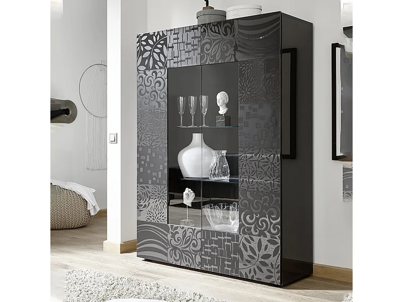 Vetrina grande a due ante con centrale vetrato design geometrico serigrafato 121x166 VL7 grigio lucido